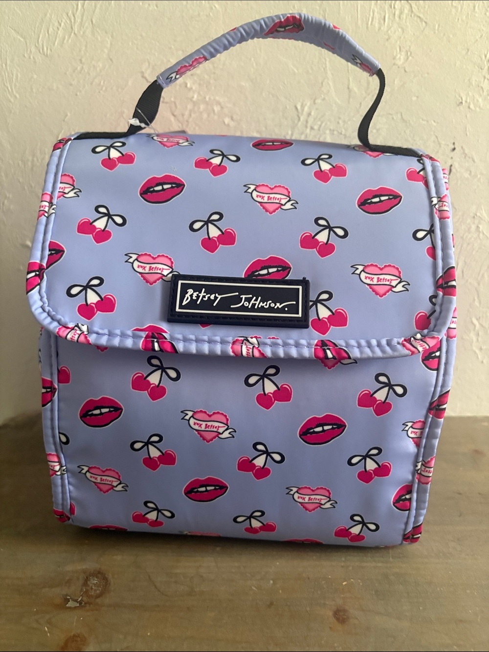 NWT Betsey Johnson Lips and Cherries Flap Top Lunch Tote Purple